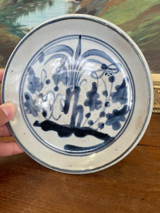 Likely Antique Vietnamese Blue and White Hand-Painted Ceramic Dish, 19th Century Tonal Style.