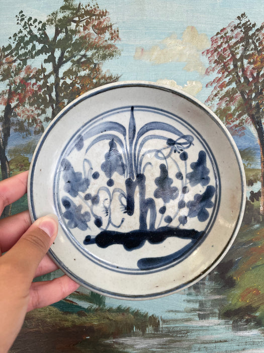 Likely Antique Vietnamese Blue and White Hand-Painted Ceramic Dish, 19th Century Tonal Style.