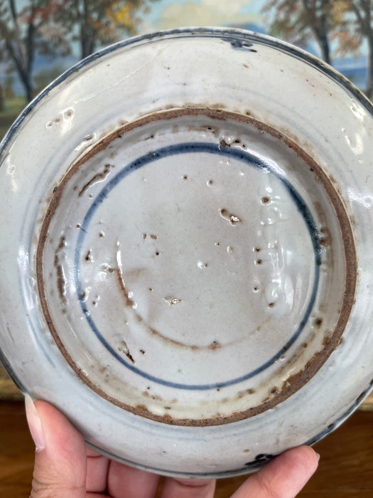 Likely Antique Vietnamese Blue and White Hand-Painted Ceramic Dish, 19th Century Tonal Style.
