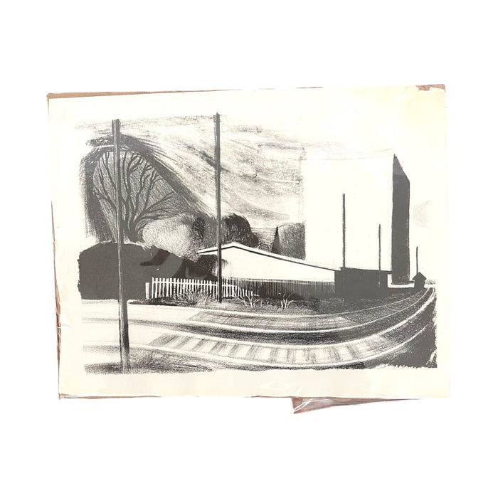 Mid-Century Modernist Architectural Lithograph Print – Industrial Landscape with Railroad Tracks.
