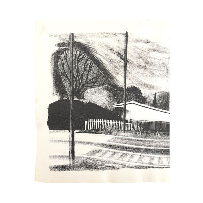 Mid-Century Modernist Architectural Lithograph Print – Industrial Landscape with Railroad Tracks.