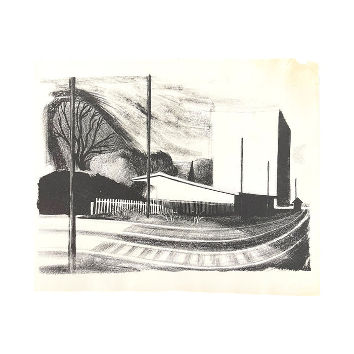 Mid-Century Modernist Architectural Lithograph Print – Industrial Landscape with Railroad Tracks.