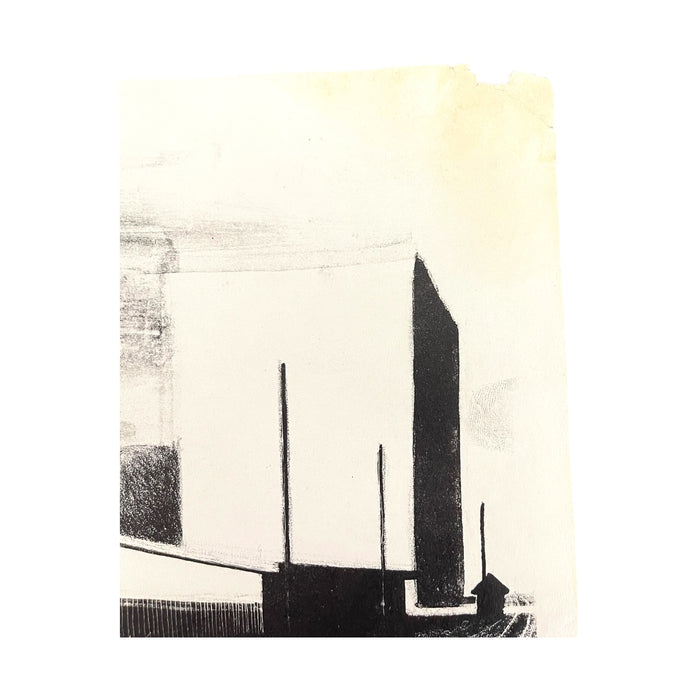 Mid-Century Modernist Architectural Lithograph Print – Industrial Landscape with Railroad Tracks.