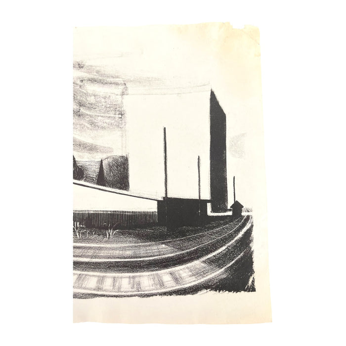 Mid-Century Modernist Architectural Lithograph Print – Industrial Landscape with Railroad Tracks.