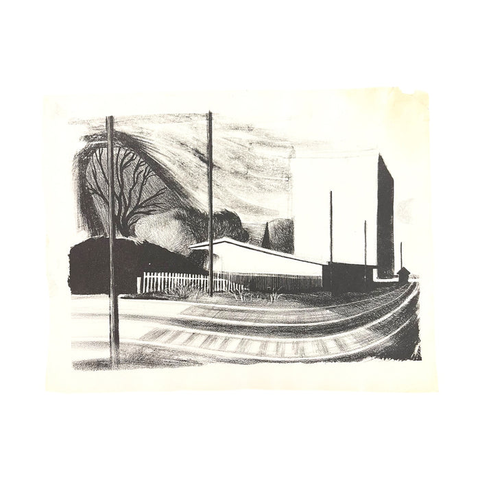 Mid-Century Modernist Architectural Lithograph Print – Industrial Landscape with Railroad Tracks.