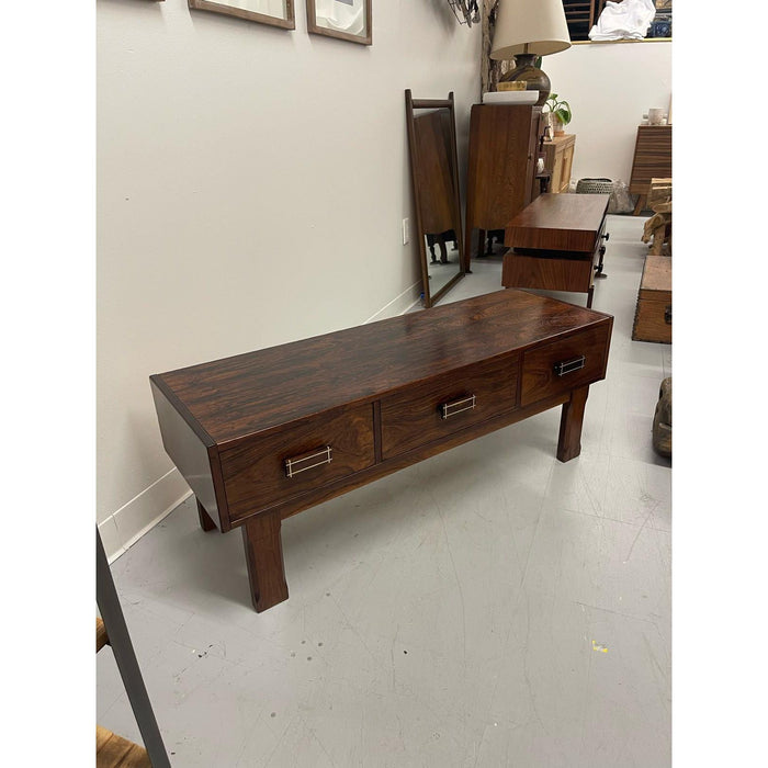 Imported Vintage Danish Modern Rosewood Low Console Coffee Table With Wood Inlay.