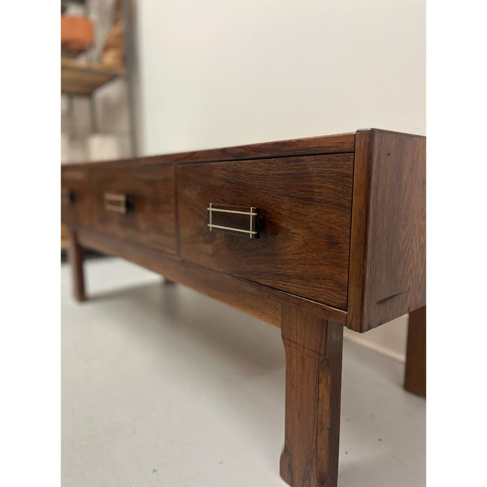 Imported Vintage Danish Modern Rosewood Low Console Coffee Table With Wood Inlay.