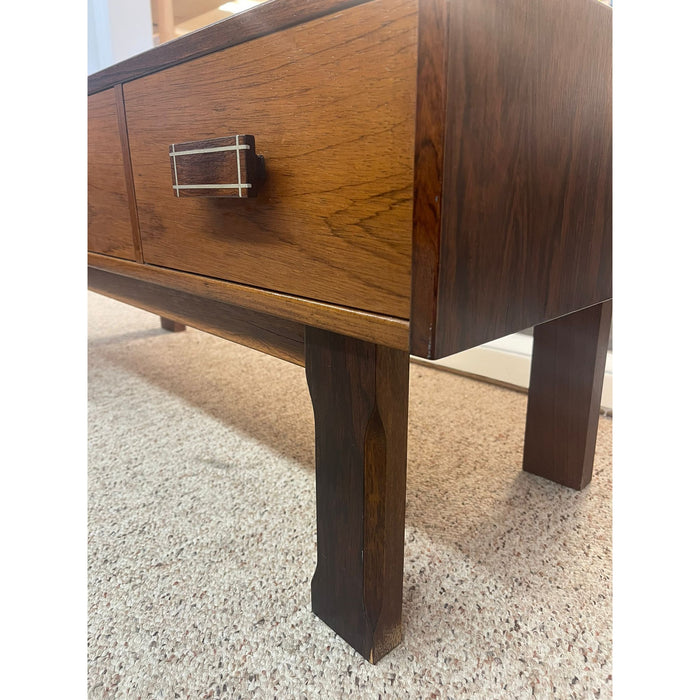 Imported Vintage Danish Modern Walnut Toned Low Console Coffee Table With Wood Inlay.