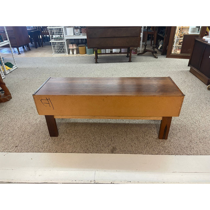 Imported Vintage Danish Modern Walnut Toned Low Console Coffee Table With Wood Inlay.