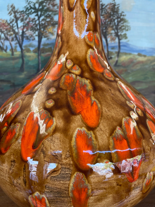 Large Mid-Century Modern Drip Glaze Pottery Vase in Brown and Lava Orange Tones