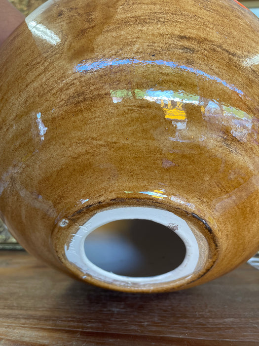 Large Mid-Century Modern Drip Glaze Pottery Vase in Brown and Lava Orange Tones