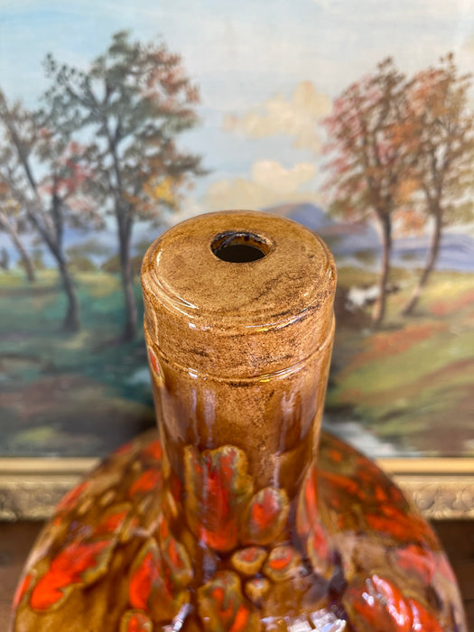 Large Mid-Century Modern Drip Glaze Pottery Vase in Brown and Lava Orange Tones