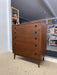 Likely 1960s Mid-Century Modern Possibly Walnut Highboy Dresser with Recessed Brass Toned Pulls and Tapered Legs