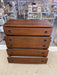 Likely 1960s Mid-Century Modern Possibly Walnut Highboy Dresser with Recessed Brass Toned Pulls and Tapered Legs