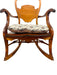 Likely Antique Victorian Style Solid Wood Rocking Chair with Carved Arms and Floral Cushion