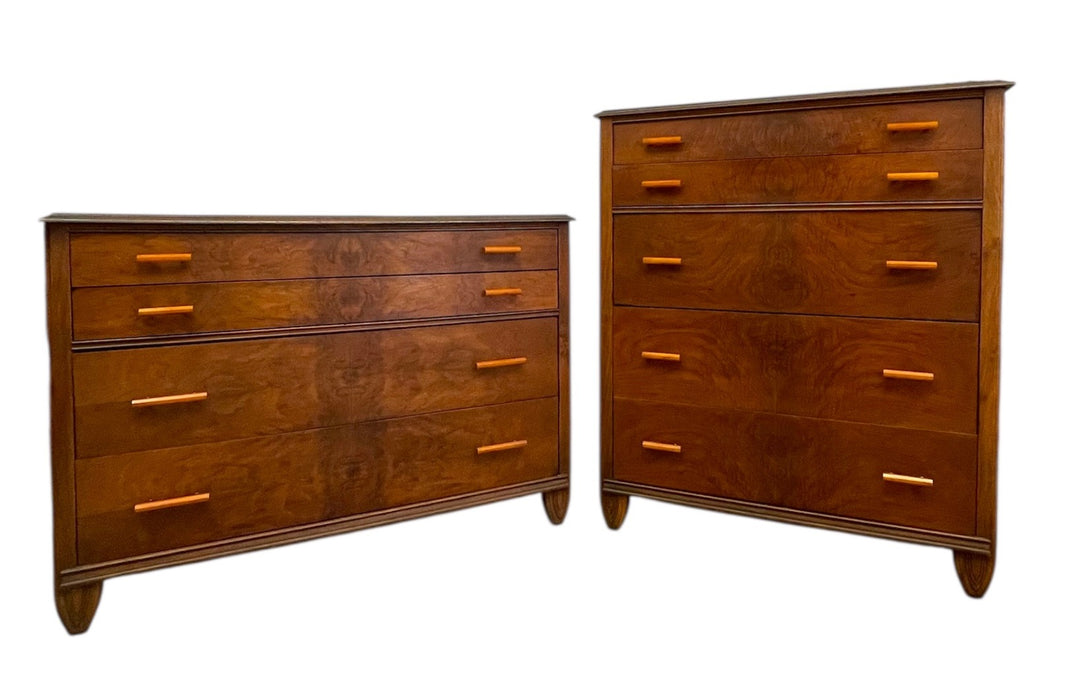 Matching Vintage Art Deco and Mid-Century Modern Dressers with Bakelite Pulls by Crescent Furniture Co