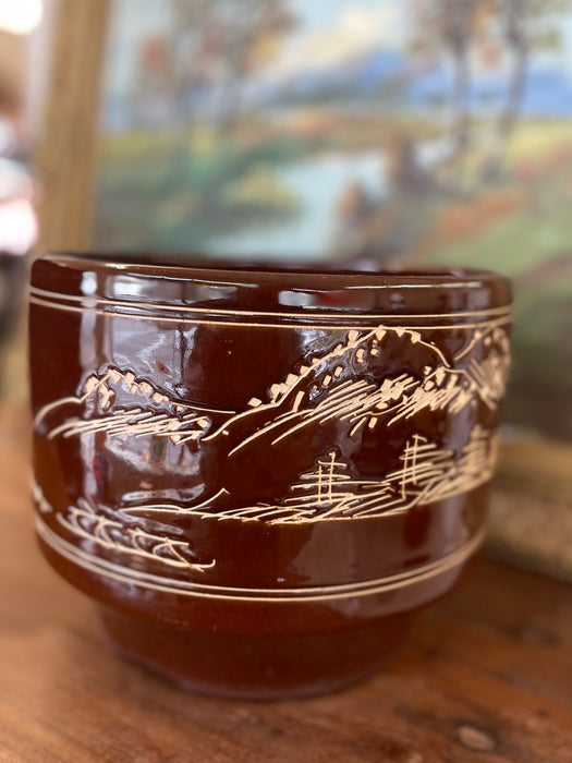 Mid-Century Asian-Inspired Brown Glazed Ceramic Planter with Hand-Carved Landscape Design