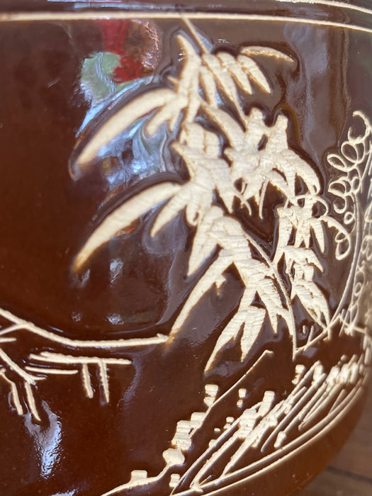 Mid-Century Asian-Inspired Brown Glazed Ceramic Planter with Hand-Carved Landscape Design