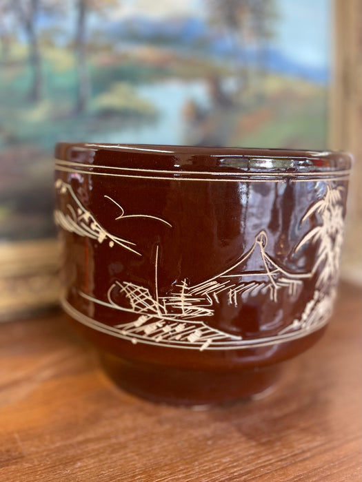 Mid-Century Asian-Inspired Brown Glazed Ceramic Planter with Hand-Carved Landscape Design