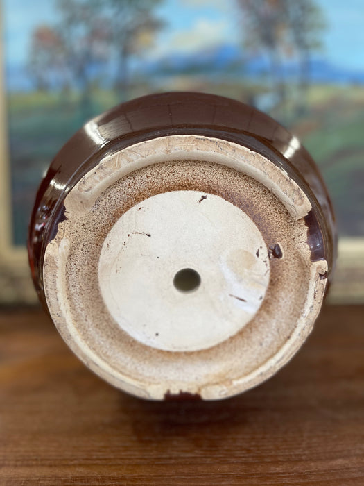 Mid-Century Asian-Inspired Brown Glazed Ceramic Planter with Hand-Carved Landscape Design