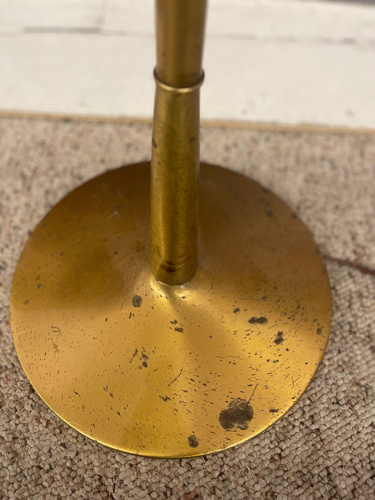 Mid-Century Modern Brass Toned Torchiere Floor Lamp with Sculptural Patinated Metal Accent and Ribbed Glass Diffuser