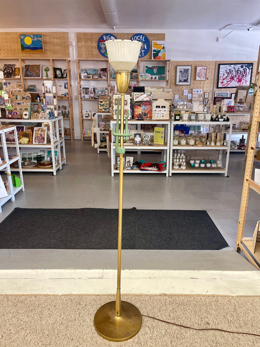 Mid-Century Modern Brass Toned Torchiere Floor Lamp with Sculptural Patinated Metal Accent and Ribbed Glass Diffuser