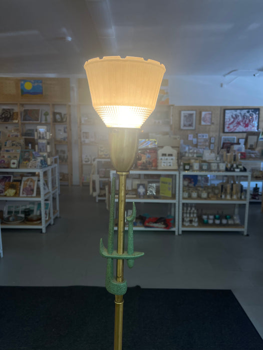 Mid-Century Modern Brass Toned Torchiere Floor Lamp with Sculptural Patinated Metal Accent and Ribbed Glass Diffuser