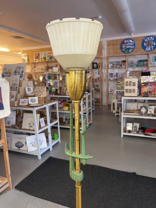 Mid-Century Modern Brass Toned Torchiere Floor Lamp with Sculptural Patinated Metal Accent and Ribbed Glass Diffuser