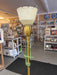 Mid-Century Modern Brass Toned Torchiere Floor Lamp with Sculptural Patinated Metal Accent and Ribbed Glass Diffuser