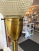 Mid-Century Modern Brass Toned Torchiere Floor Lamp with Sculptural Patinated Metal Accent and Ribbed Glass Diffuser