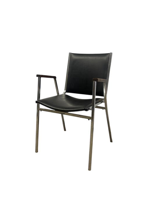 Mid-Century Modern Chrome and Faux Leather Armchair with Wood Armrests, 1970s