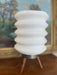 Mid-Century Modern Space-Age White Ribbed Lantern Table Lamp on Wood Tripod Base, Possibly 1960s Scandinavian Design