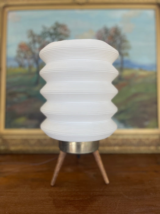 Mid-Century Modern Space-Age White Ribbed Lantern Table Lamp on Wood Tripod Base, Possibly 1960s Scandinavian Design