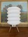 Mid-Century Modern Space-Age White Ribbed Lantern Table Lamp on Wood Tripod Base, Possibly 1960s Scandinavian Design