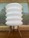 Mid-Century Modern Space-Age White Ribbed Lantern Table Lamp on Wood Tripod Base, Possibly 1960s Scandinavian Design