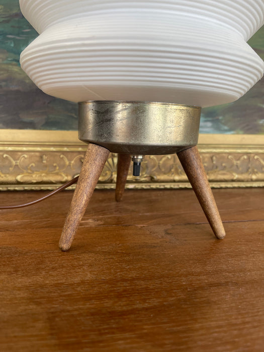 Mid-Century Modern Space-Age White Ribbed Lantern Table Lamp on Wood Tripod Base, Possibly 1960s Scandinavian Design