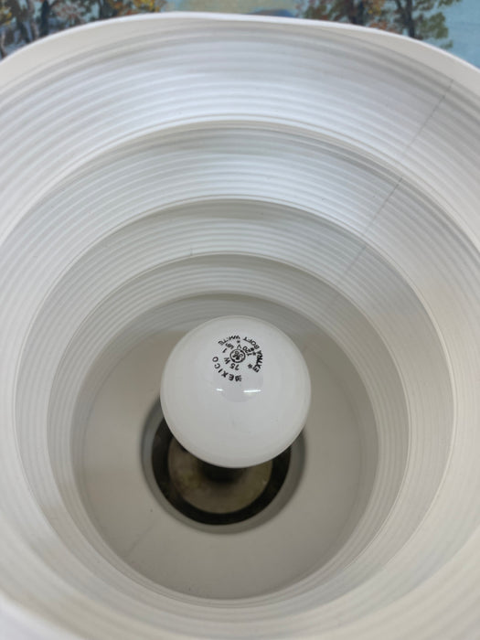 Mid-Century Modern Space-Age White Ribbed Lantern Table Lamp on Wood Tripod Base, Possibly 1960s Scandinavian Design