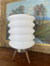 Mid-Century Modern Space-Age White Ribbed Lantern Table Lamp on Wood Tripod Base, Possibly 1960s Scandinavian Design