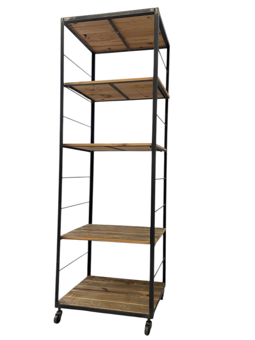 Modern Industrial Tall Bookshelf - Black Metal & Wood Display Shelving Unit