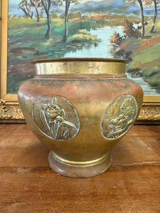 Pair Antique Japanese Art Nouveau Style Brass Vase Planters Pair Floral Brass toned