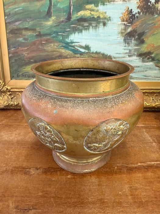 Pair Antique Japanese Art Nouveau Style Brass Vase Planters Pair Floral Brass toned