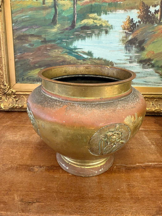 Pair Antique Japanese Art Nouveau Style Brass Vase Planters Pair Floral Brass toned