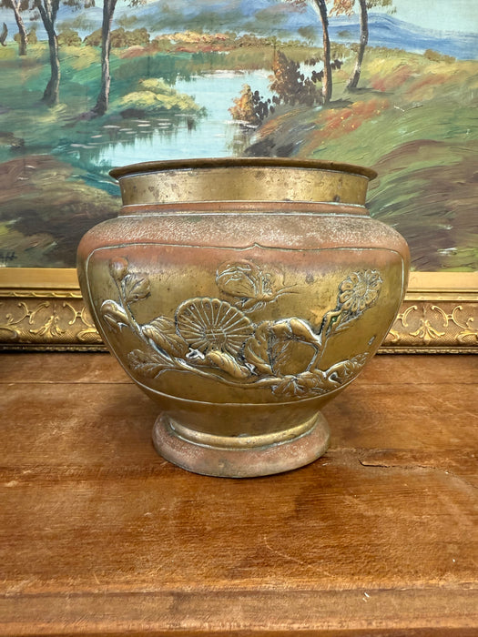 Pair Antique Japanese Art Nouveau Style Brass Vase Planters Pair Floral Brass toned