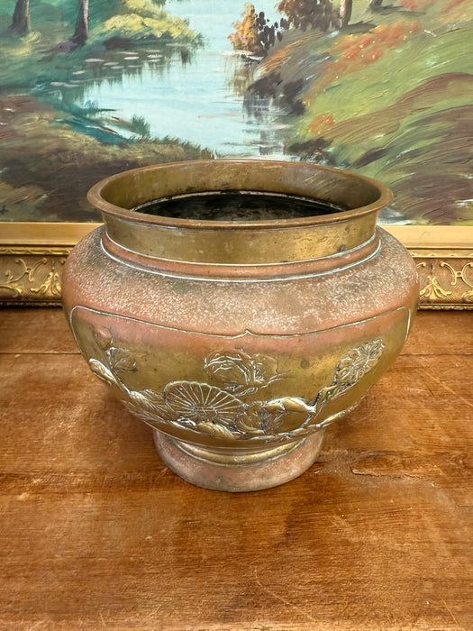 Pair Antique Japanese Art Nouveau Style Brass Vase Planters Pair Floral Brass toned