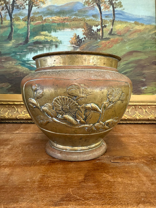 Pair Antique Japanese Art Nouveau Style Brass Vase Planters Pair Floral Brass toned