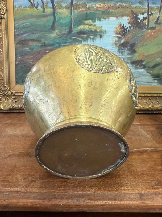 Pair Antique Japanese Art Nouveau Style Brass Vase Planters Pair Floral Brass toned