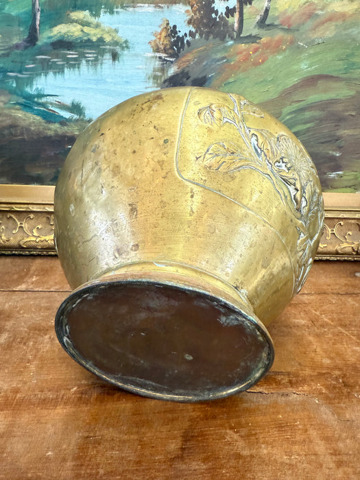 Pair Antique Japanese Art Nouveau Style Brass Vase Planters Pair Floral Brass toned