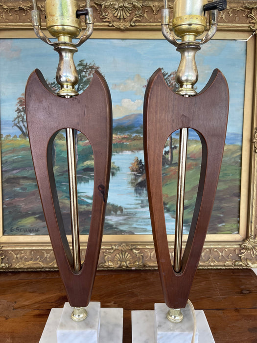 Pair of Mid-Century Modern Sculptural Likely Walnut and Brass Toned Table Lamps with Possibly Carrara Marble Bases