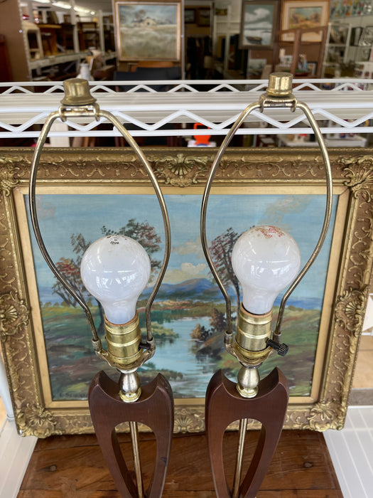 Pair of Mid-Century Modern Sculptural Likely Walnut and Brass Toned Table Lamps with Possibly Carrara Marble Bases