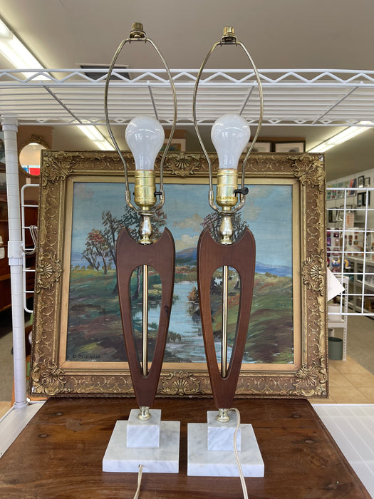Pair of Mid-Century Modern Sculptural Likely Walnut and Brass Toned Table Lamps with Possibly Carrara Marble Bases